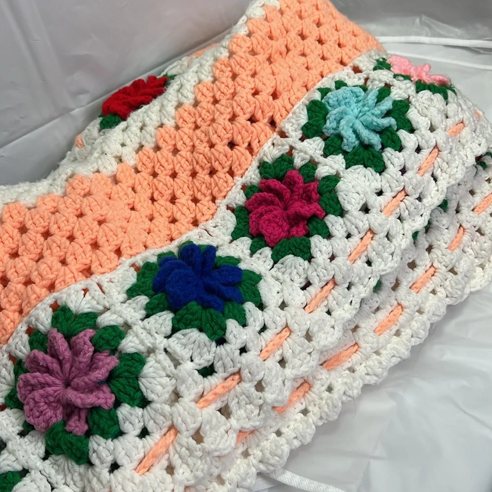 Throw Floral Knitted Hand Made Crafted 46 x43